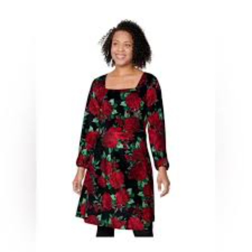 Place Elegant Floral Velour Long Sleeve Dress New With Tags